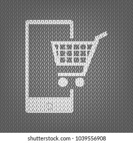 Shopping on smart phone sign. Vector. White knitted icon on gray knitted background. Isolated.