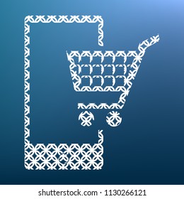 Shopping on smart phone sign. Vector. White textured icon at lapis lazuli gradient background.