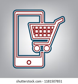 Shopping on smart phone sign. Vector. Dark red, transparent and midnight green stroke of white icon at grayish background.