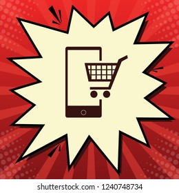Shopping on smart phone sign. Vector. Dark red icon in lemon chiffon shutter bubble at red popart background with rays.