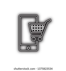 Shopping on smart phone sign. Vector. Double contour black icon with soft shadow at white background. Isolated.