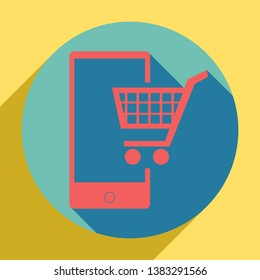 Shopping on smart phone sign. Sunset orange icon with llapis lazuli shadow inside medium aquamarine circle with different goldenrod shadow at royal yellow background.