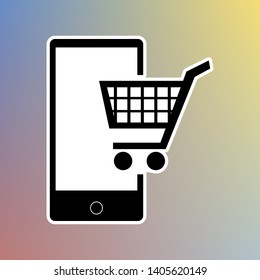 Shopping on smart phone sign. Black icon in white shell at pastel color background. Illustration.