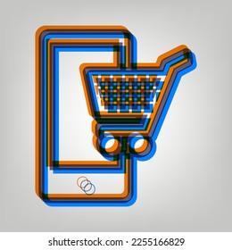 Shopping on smart phone sign. Stroked Icon in orange, azure and old lavender Colors at gray Background. Illustration.