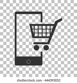 Shopping on smart phone sign. Dark gray icon on transparent background.
