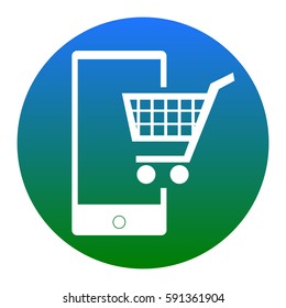 Shopping on smart phone sign. Vector. White icon in bluish circle on white background. Isolated.
