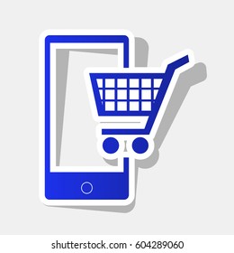 Shopping on smart phone sign. Vector. New year bluish icon with outside stroke and gray shadow on light gray background.