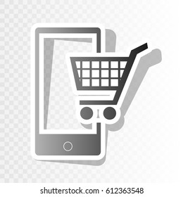 Shopping on smart phone sign. Vector. New year blackish icon on transparent background with transition.