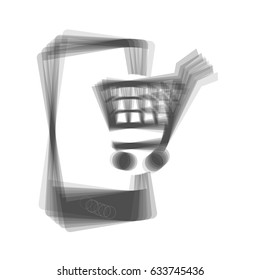 Shopping on smart phone sign. Vector. Gray icon shaked at white background.