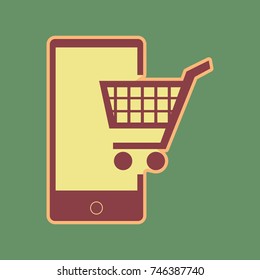Shopping on smart phone sign. Vector. Cordovan icon and mellow apricot halo with light khaki filled space at russian green background.