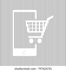 Shopping on smart phone sign. Vector. White icon on grayish striped background. Optical illusion.