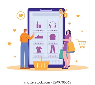 Shopping on smartphone app. Digital online store, supermarket or shop. Customer send feedback for item, happy woman with bags, vector concept