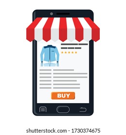 Shopping on smartphone. Flat design of online store,  Internet marketing. Shopping online. Flat illustration vector graphic on white background