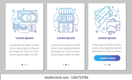 Shopping onboarding mobile app page screen with linear concepts. Cash money, credit cards, choose shop steps graphic instructions. UX, UI, GUI vector template with illustrations