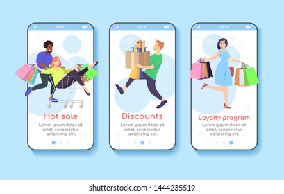 Shopping onboarding mobile app screen template. Hot sale, discounts, loyalty program. Customer attraction marketing. Walkthrough website with flat characters. UX, UI, GUI smartphone cartoon interface