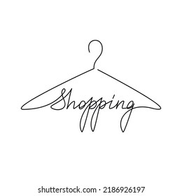 Shopping one line continuous lettering. Hand drawn clothes hanger icon for banner, flyer, showcase design, retail shop, outlet. Sale concept.