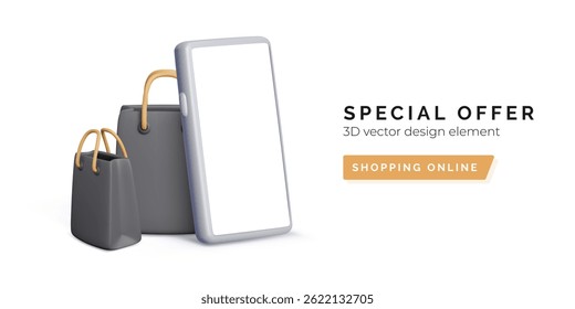 Shopping Online 3D Illustration Featuring Smartphone and Shopping Bags on White Background. Modern E-Commerce Concept for Mobile Retail and Promotions. Vector Illustration