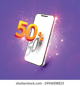 Shopping online 50 percentage realistic mobile. Vector.