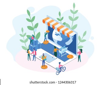 Shopping Online in all over the world, on laptop with characters, isometric concept of  website, app, e-commerce sales, digital marketing, with payment options. for web page, banner, presentation... .