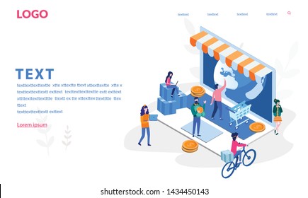 Shopping Online in all over the world, on laptop with characters, isometric concept of  website, app, e-commerce sales, digital marketing, with payment options. for web page, banner, presentation... .