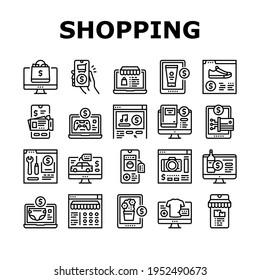 Shopping Online App Collection Icons Set Vector. Shoes And Clothing, Digital Technology And Mobile Phone, Food And Alcoholic Drink Department Shopping Black Contour Illustrations