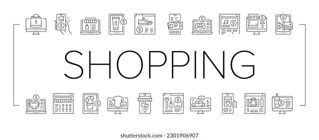 Shopping Online App Collection Icons Set Vector. Shoes And Clothing, Digital Technology And Mobile Phone, Food And Alcoholic Drink Department Shopping Black Contour Illustrations