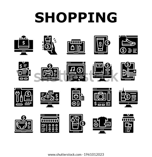 Shopping\
Online App Collection Icons Set Vector. Shoes And Clothing, Digital\
Technology And Mobile Phone, Food And Alcoholic Drink Department\
Shopping Glyph Pictograms Black\
Illustrations