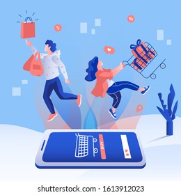Shopping online app sale promotion concept. Advertise banners, brochure, poster. People holding a shopping cart and bag flying from smartphone vector illustration