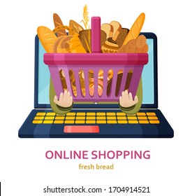 Shopping online banner. Bakery products background. Online store concept. Shopping basket in human hands. Wheat, rye and whole grain bread. Pretzel and bagel, ciabatta and muffin, croissant and French
