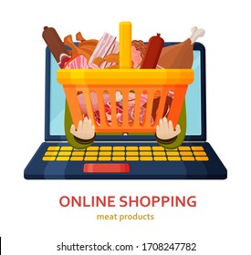 Shopping online banner. Meat products background. Online store concept. Shopping basket in human hands. Roast chicken and prime rib, sausage, salami and ham, sirlon, bacon, sucuk and smoked meat