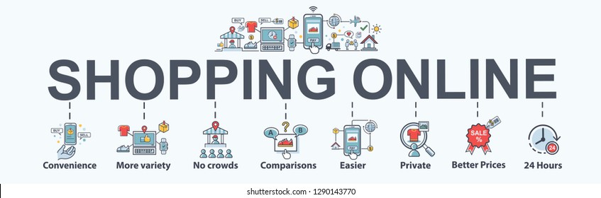 Shopping online banner web icon set, convenience, no crowds, comparison, Best prices, easier payment and open online shop 24 hours. minimal vector infographic concept.