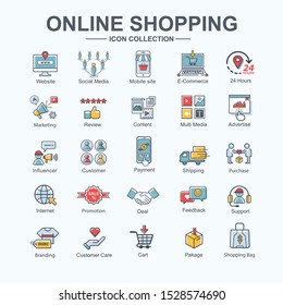 Shopping online banner web icon set, website, social media marketing, promotion, cart, customer, advertise and open online shop 24 hours. outline vector button.