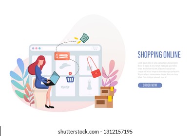 Shopping online banner web landing page. People using laptop to shopping online.