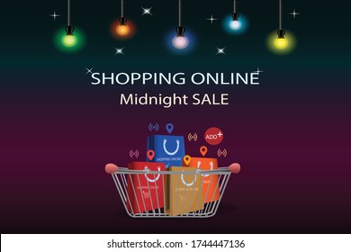 The Shopping Online Basket With Shopping Bag On Dark Background And Great Lighting Ready For Sell Via Midnight Sal Concept 