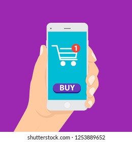Shopping online business conceptual flat style. Online shopping. Smartphone turned into internet shop. Concept of mobile marketing and e-commerce. Smart phone online shopping concept.