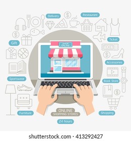 Shopping online business conceptual flat style. Vector illustration. Can be used for workflow layout template, banner, diagram, number options, web design, infographics, timeline.