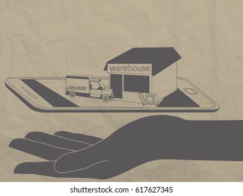 Shopping on-line business conceptual warehouse on wide flat vector style