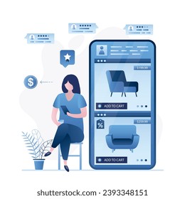 Shopping online, businesswoman sitting on stool and looks at new chairs and adds in cart. Internet furniture store with clients review. Digital remote purchases on internet. Flat Vector illustration