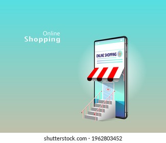 Shopping online, buy or sale on screen Store Application, internet website with Mobile phone vector. Business finance and E-commerce digital marketing technology concept.