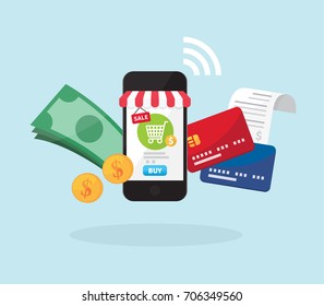 Shopping online by cash and credit card, Online store on smartphone with striped awning, Mobile payment