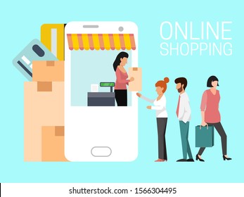 Shopping online by mobile app or website vector illustration. Mobiles shopping sale. Business technology of online shop