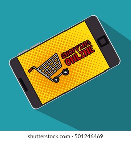 shopping online cart smartphone with screen polka dot