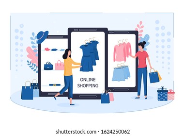 Shopping at an online clothing store. Young women order fashionable dresses, skirts, shirts in a smartphone via the Internet. Flat vector illustration isolated on white background.