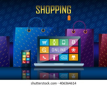 Shopping on-line with computer and phone vector illustration.