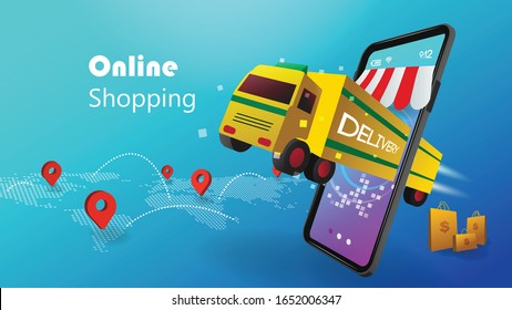 Shopping Online-Konzept mit 3D-Handy und Lieferwagen auf blauem Hintergrund mit Weltkarte-Pin und Netzwerkweg. E-Commerce und Business-Logistik Finanzen. Vektorillustration