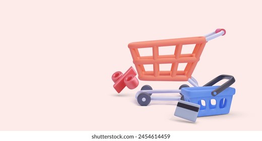 Shopping online concept in 3d realistic style with basket, cart, credit card, discount. Vector illustration