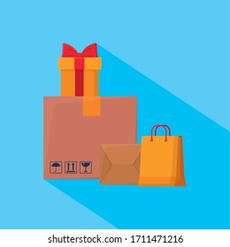 shopping online concept, shopping bag, boxes and gift box over blue background, colorful design, vector illustration