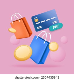 shopping online concept with shopping bag, coin, and credit card