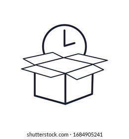 compra en línea concepto, icono de caja y reloj sobre fondo blanco, estilo de línea, ilustración vectorial