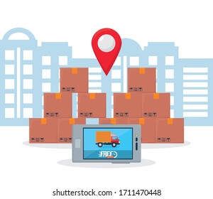 shopping online concept, boxes and smartphone with cargo truck on screen over white background, colorful design, vector illustration